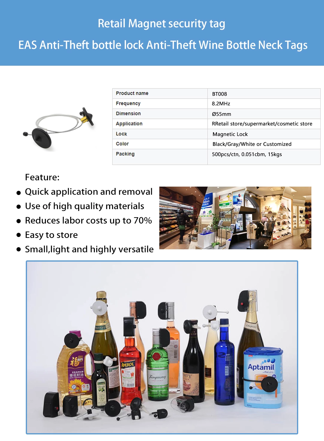 BT008 Eas Anti Theft Plastic Wine Bottle security Neck RF Hard Tags 8.2MHz