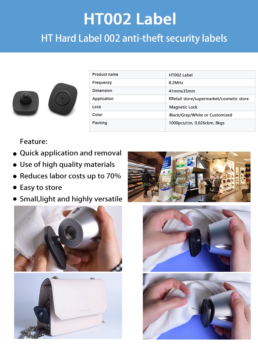 HT002 Anti-Theft Solutions Shoplifting Prevention EAS Retail Security Tiny Square Tags